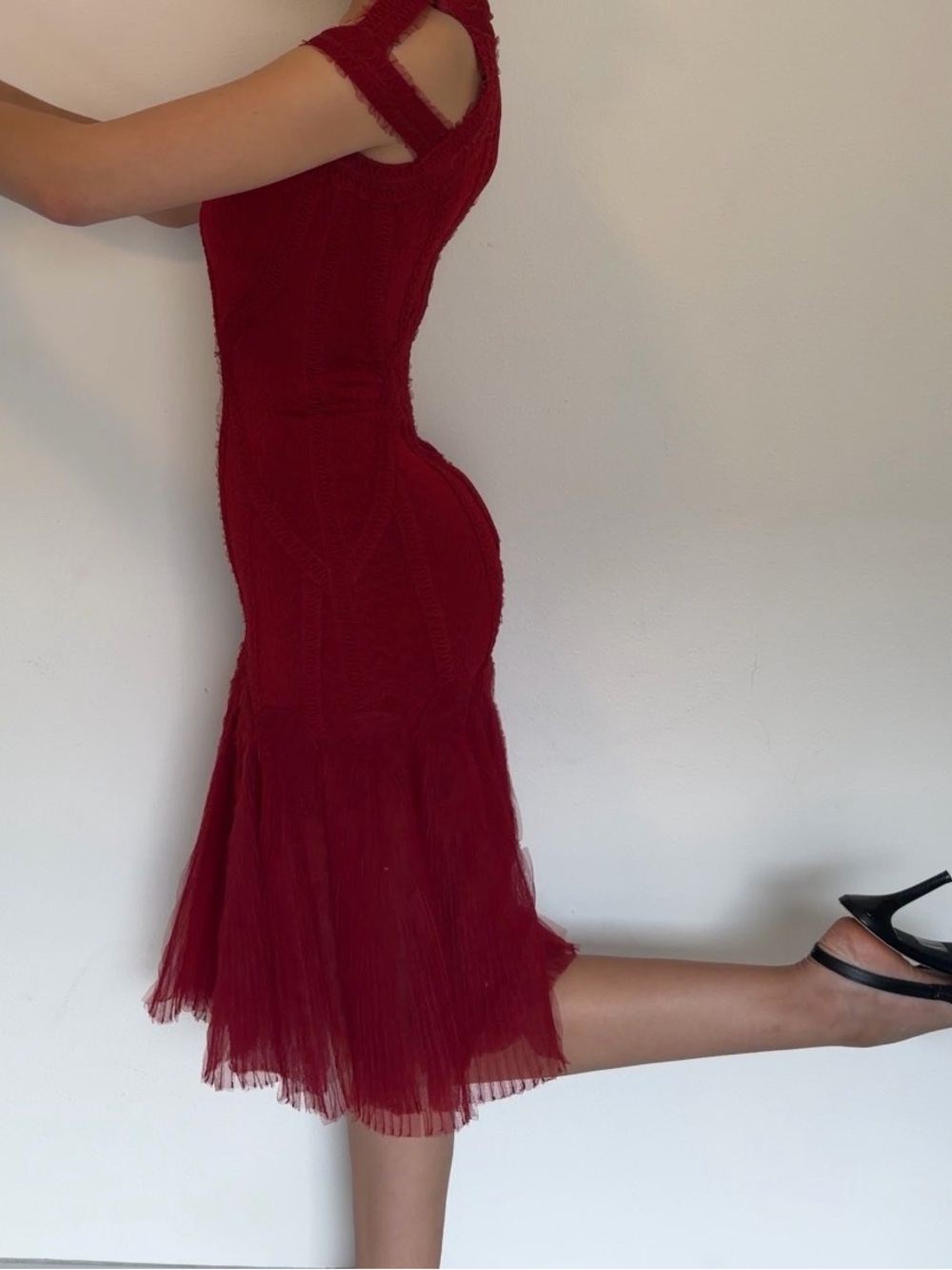 Herve Leger by Max Azria Red Bandage Mesh Cutout Midi Dress XS - Picture 3 of 11